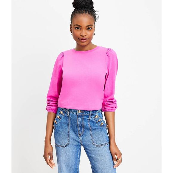 Ann Taylor LOFT Size XS Textured Balloon Sleeve Top Pink 100% Cotton - Picture 1 of 6